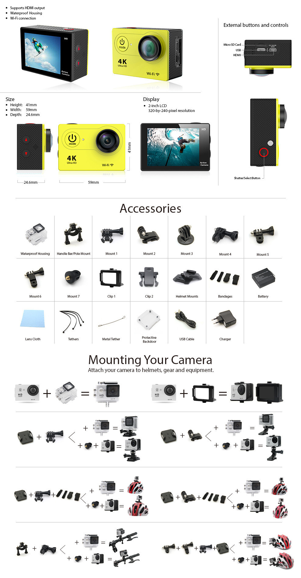 Camera  aquática Ultra HD - 4K Com Wifi - Full Extas Action cam, qualidade 4K Ultra HD, Lente grande-angular 170º , todos os acessórios incluídos