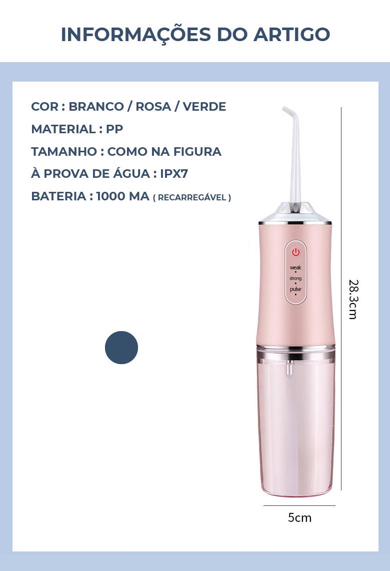 Irrigador Dental Elétrico Portátil Remova resíduos de alimentos que a escova não consegue, evitando mau hálito, gengivite, placa bacterianas, cáries, entre outros problemas dentais
