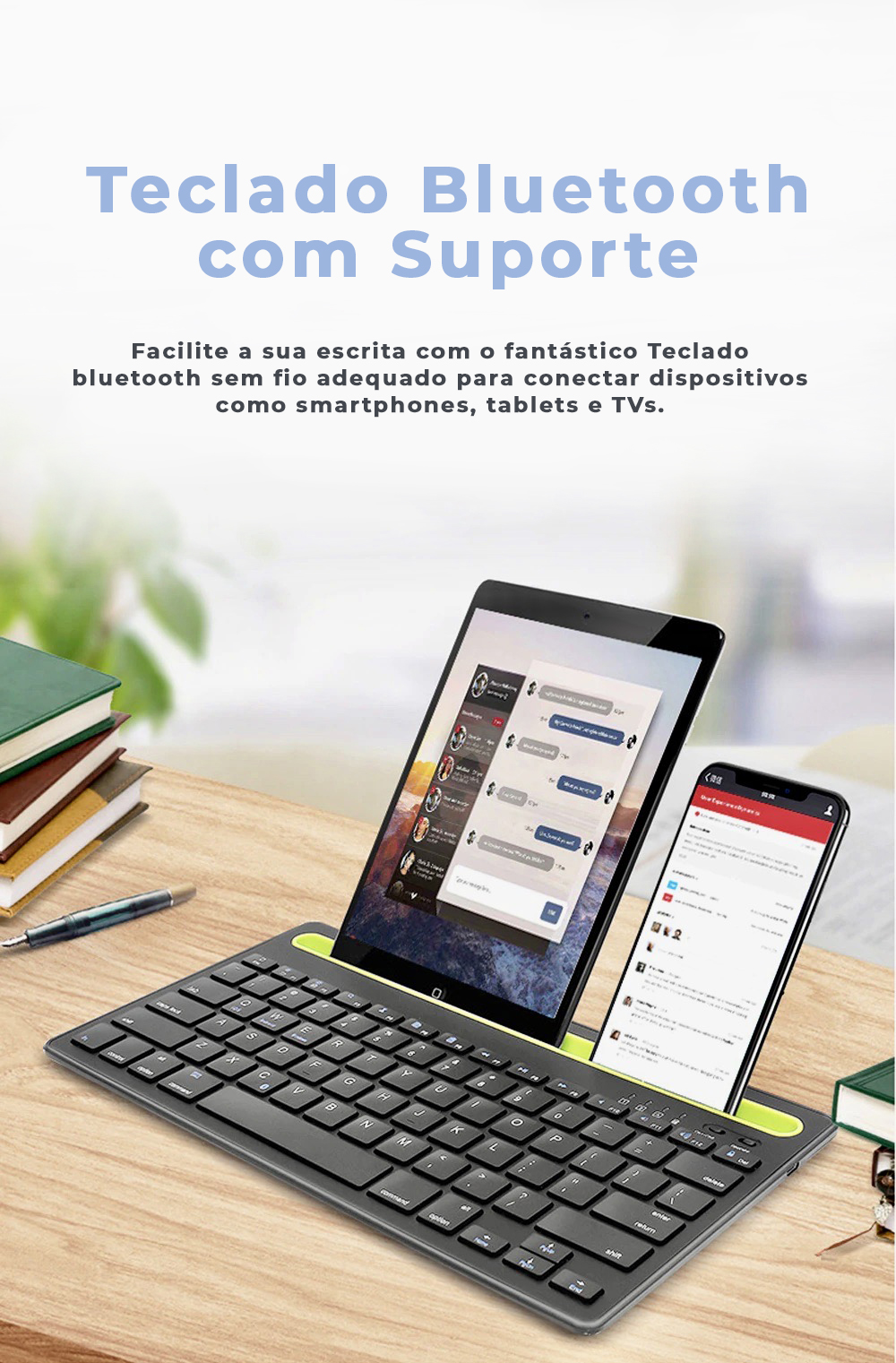 Facilite a sua escrita com o fantástico Teclado bluetooth sem fios adequado para conectar dispositivos como smartphones, tablets e TVs.