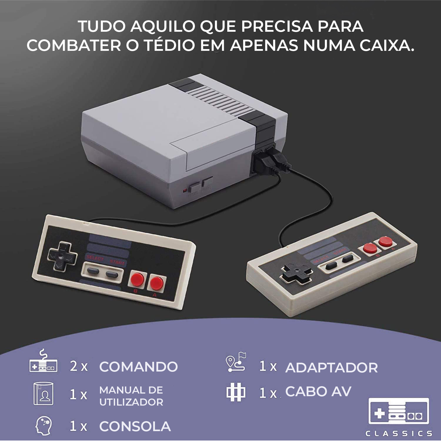 Eis a Gamebox de Jogos Retro para ligar à TV, que inclui os mais populares das décadas de 80, 90 e 2000